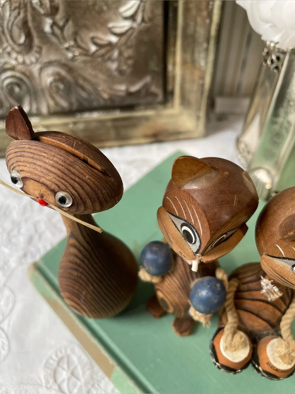 Handcrafted Wood Cat Figurines - Brown MCM Japan